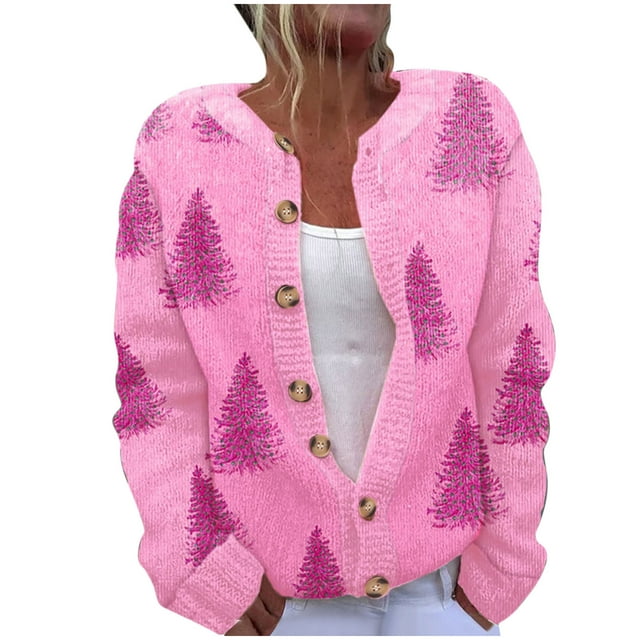 RYDCOT Christmas Sweater for Women 2024 Cute Christmas Tree Printed Cardigans Sweater Open Front Button Down Holiday Knit Jacket Sale