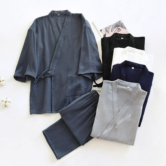 RYDCOT Classical Traditional Japanese Style Pajamas, Stylish Cotton Bathrobe Kimono Pajamas Casual Clothes for Men White