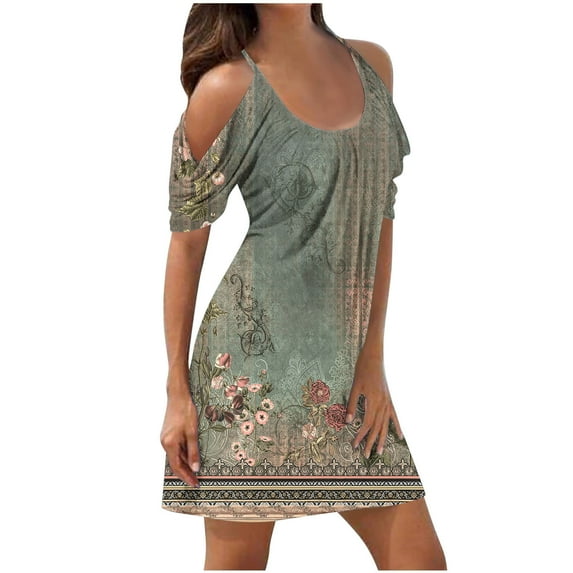 RYDCOT Clearance Dresses for Women Vacation Dresses for Women 2024 Summer Cold Shoulder Floral T-Shirt Dress Tunic Boho Dress Casual Dress Clearance
