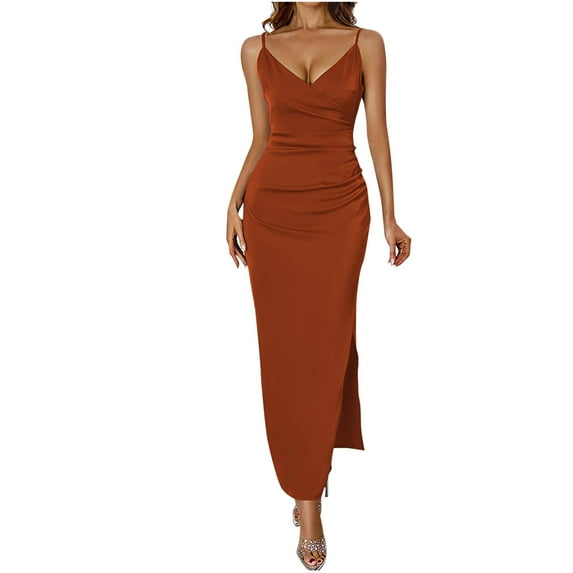 RYDCOT Cocktail Dresses for Women Wedding Guest Sleeveless Satin Spaghetti Strap V Neck Split Long Dress Elegant Dresses for Women Evening Party 2025 Clearance Brown