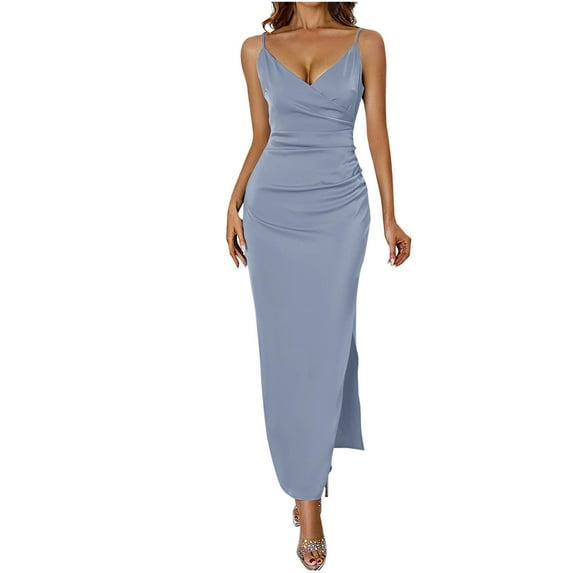 RYDCOT Cocktail Dresses for Women Wedding Guest Sleeveless Satin Spaghetti Strap V Neck Split Long Dress Elegant Dresses for Women Evening Party Gray