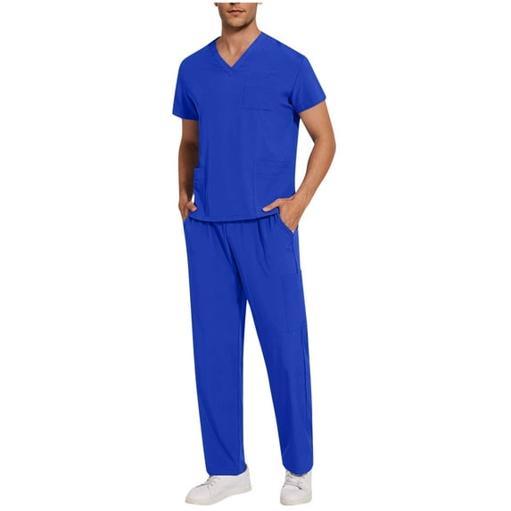 RYDCOT Comfortable Fit Men's Workwear Uniform Solid Color V-neck Pocket Top and Elastic Pant Set Blue S(S)