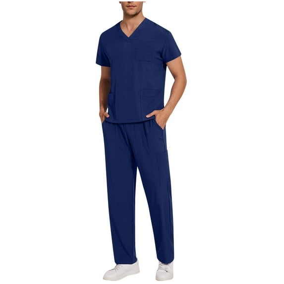 RYDCOT Comfortable Fit Men's Workwear Uniform Solid Color V-neck Pocket Top and Elastic Pant Set Dark Blue L(L)