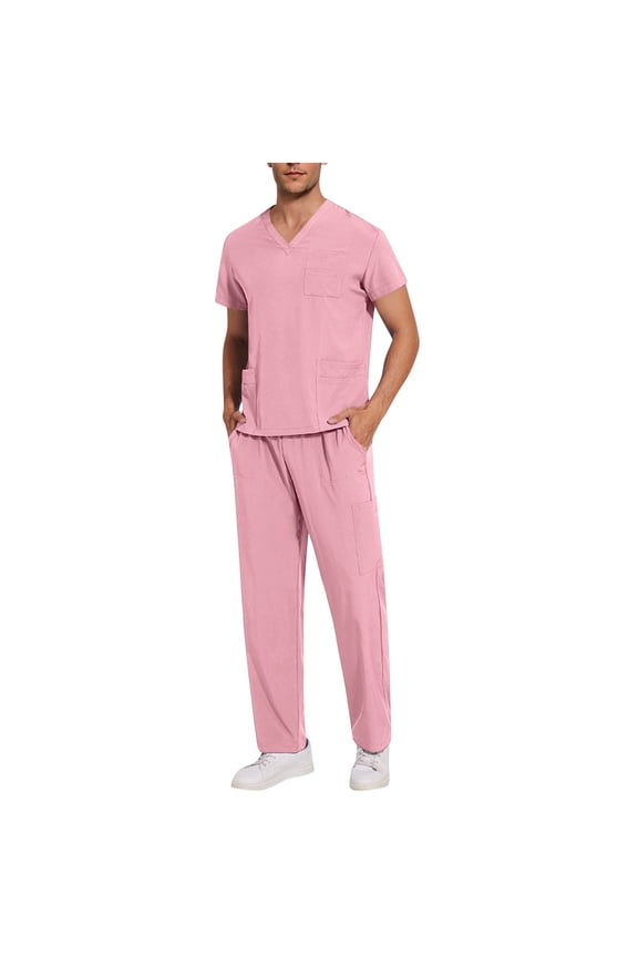 Comfortable Fit Men's Workwear Uniform Solid Color V-neck Pocket Top and Elastic Pant Set Pink S(S)