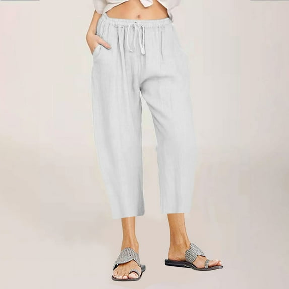 RYDCOT Cotton Linen Capri Pants for Women Summer Cropped Pants 2024 Drawstring Waisted Casual Loose Trousers with Pockets on Clearance White