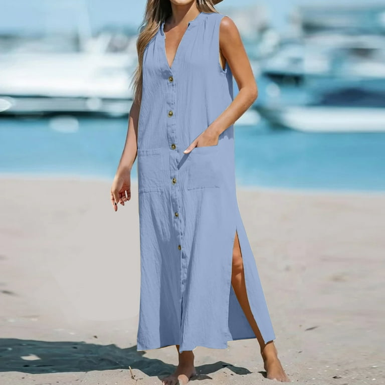 Women's V-Neck Single-Breasted Sleeveless Loose Dresses Women's V-Neck Single-Breasted Sleeveless Loose Dresses