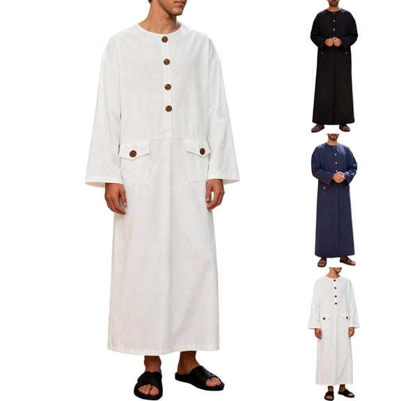 RYDCOT Cotton Muslim Thobe for Men Kaftan with Pockets Button Down Crewneck Long Gown Men's Arab Thobe Long Sleeve White