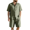 thumbnail image 1 of RYDCOT Cotton and Linen Beach 2 Pieces:Men's Casual Lapel Button Shirt Drawstring Elastic Waist Shorts Sets Army Green, 1 of 9