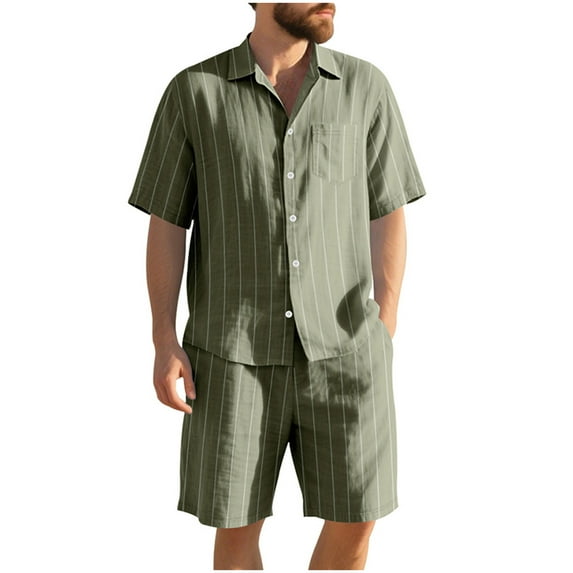 RYDCOT Cotton and Linen Beach 2 Pieces:Men's Casual Lapel Button Shirt Drawstring Elastic Waist Shorts Sets Army Green