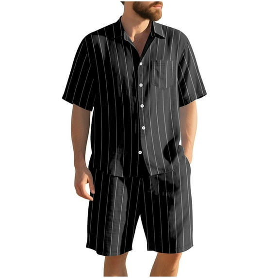 RYDCOT Cotton and Linen Beach 2 Pieces:Men's Casual Lapel Button Shirt Drawstring Elastic Waist Shorts Sets Black