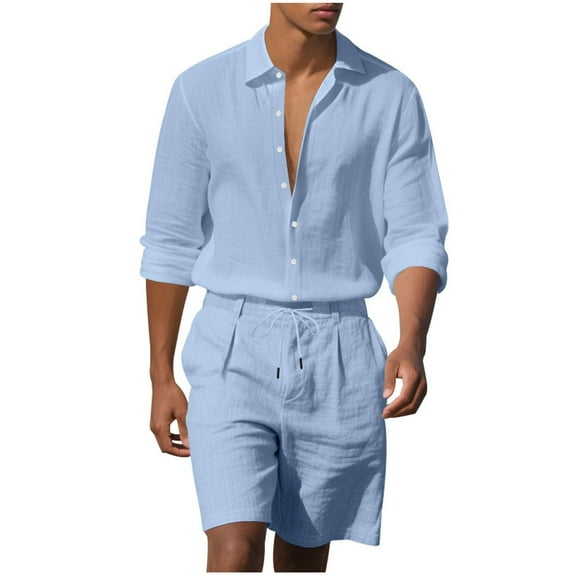 RYDCOT Cotton and Linen Beach 2 Pieces:Men's Casual Lapel Button Shirt Drawstring Elastic Waist Shorts Sets Light Blue