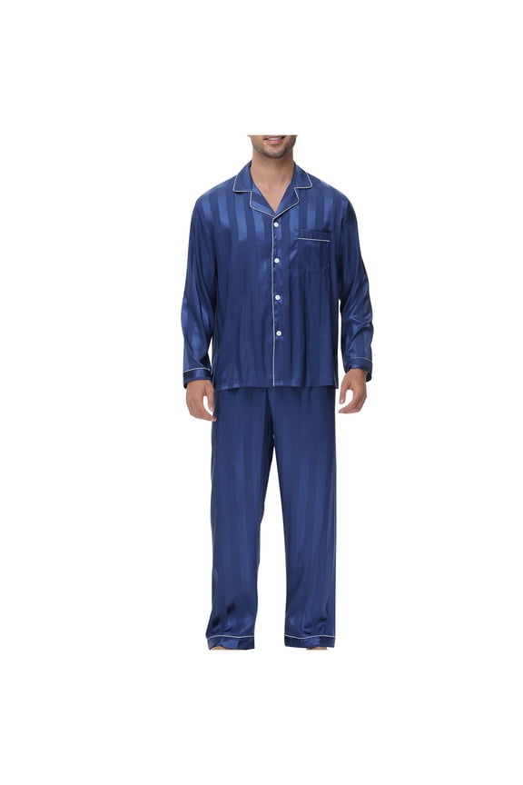 Couples Matching Pajamas Silk Long Sleeve Sleepwear Satin Soft Button Down Loungewear Pjs Set Navy