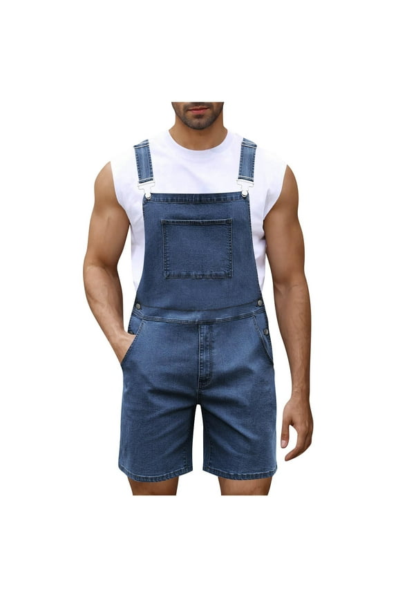 Denim Overalls for Men Jean Shorts Jumpsuit Work Coveralls with Prethoracic Pocket Blue