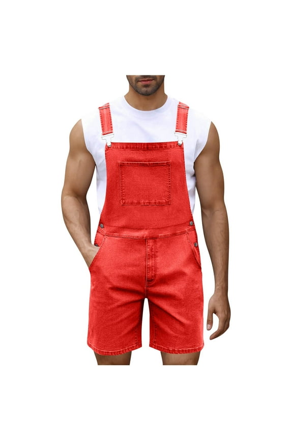 Denim Overalls for Men Jean Shorts Jumpsuit Work Coveralls with Prethoracic Pocket Red
