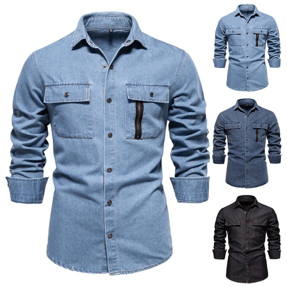 RYDCOT Denim Shirts for Men Slim-Fit Long Sleeve Western Shirts Cowboy Shirt with Snap Buttons Classic Regular Fit Casual Button Down Washed Shirts Light Blue