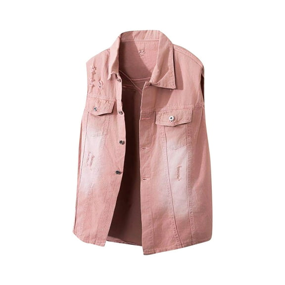 RYDCOT Denim Vest Men Punk Rock Cowboy Black Jeans Waistcoat Fashion Men Motorcycle Style Lapel Sleeveless Ripped Casual Jeans Jacket Pink