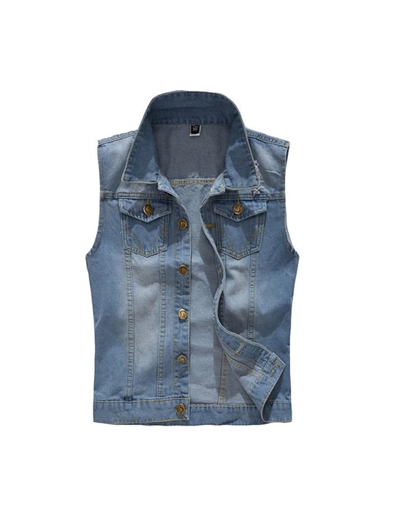 Denim Vest for Men Casual Stretchy Trucker Jean Vests Fashion Vintage Sleeveless Jacket Vest Light Blue