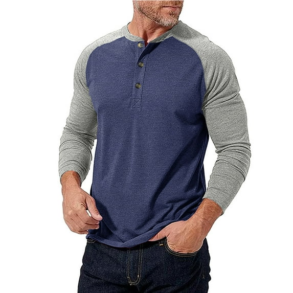 RYDCOT Dress Shirts for Men Long Sleeve Men's Fashion Casual Color Block Long Sleeve Round Neck Collar Blouse on Clearance