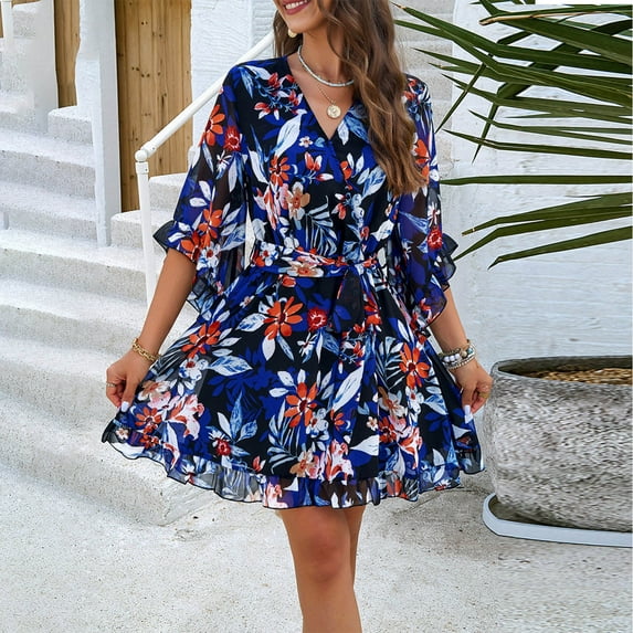 RYDCOT Dresses for Women 2024 Wedding Guest,Spring Summer Elegant Party Floral Dress Bell Sleeve Vacation Beach Sun Dresses Trendy Cruise Wear Sale or Clearance Black