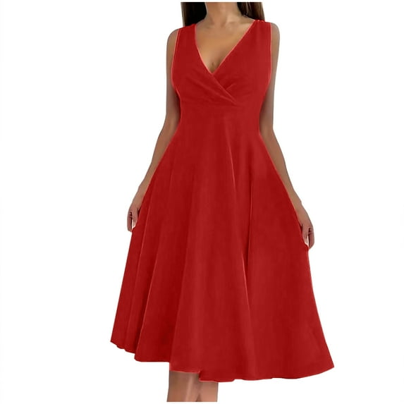 RYDCOT Dresses for Women 2025 Elegant Classy,Wedding Guest Dresses for Women Summer Sleeveless V-Neck Cocktail Midi Dresses Swing Party Dress Sales Red