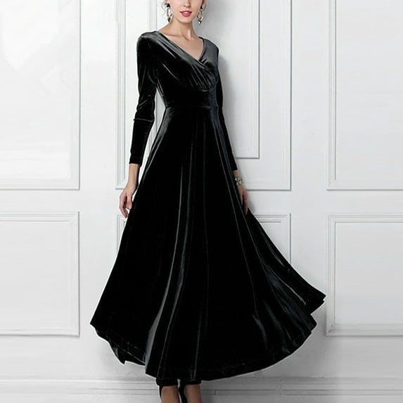 RYDCOT Dresses for Women 2023 Wedding Guest Long Sleeve Dresses Fashion Women Casual V-Neck Solid Color Golden Velvet Elegant Dress Sale Black