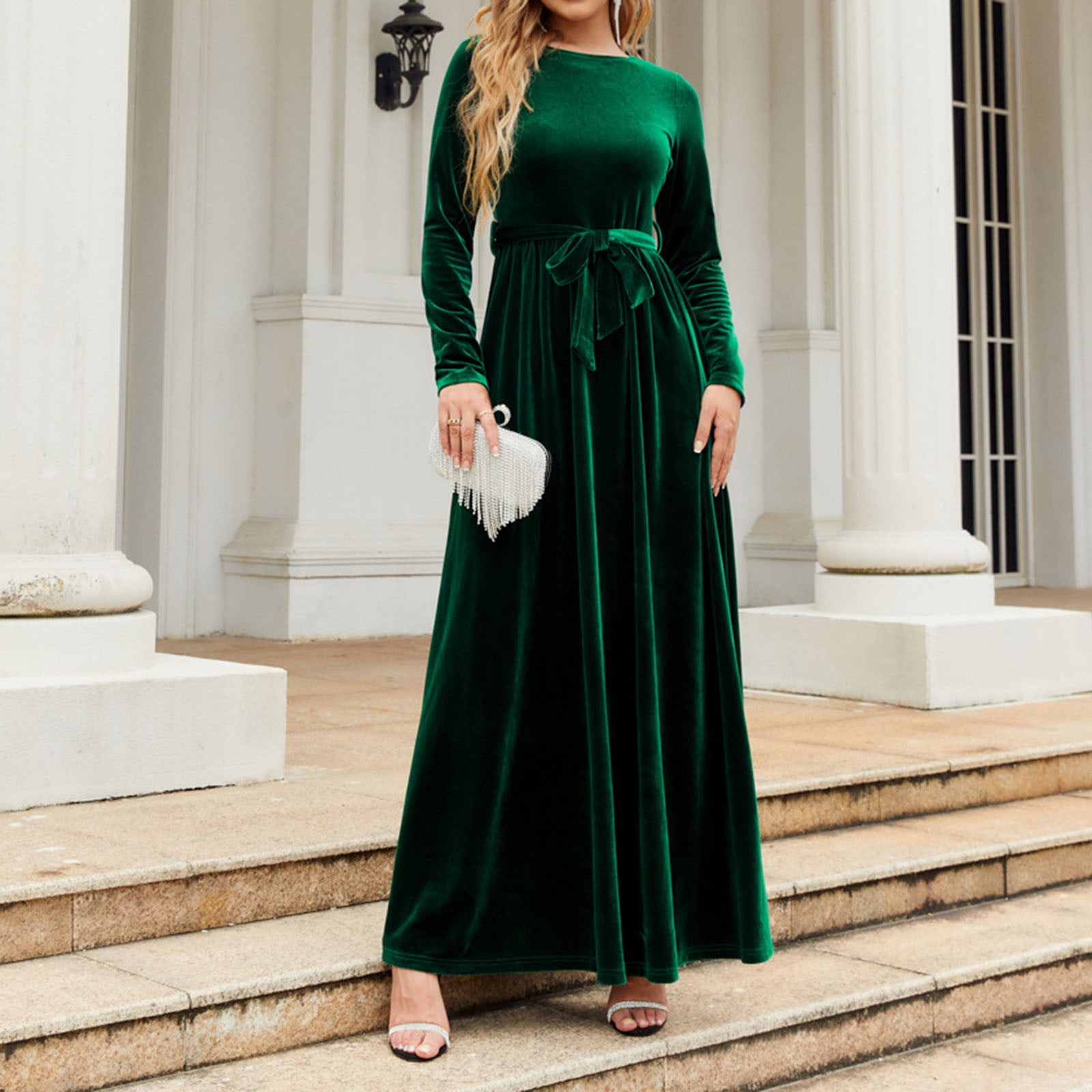 RYDCOT Evening Dresses for Women 2023 Elegant Classy Autumn and Winter Long  Sleeve Crew Neck Solid Color Vintage Velvet Dress on Clearance Green 