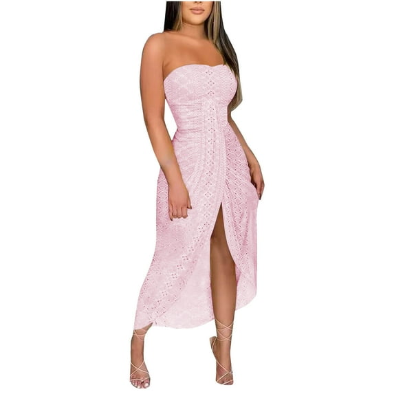 RYDCOT Eyelet Summer Dresses for Women 2025 Strapless Ruched Dresses Trendy Eyelet High Waist Wrap Split Beach Long Dresses Cocktail Dresses Pink