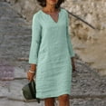 thumbnail image 1 of RYDCOT Fall Dresses for Women 2023 Casual Solid Color Cotton and Linen Dress V Neck Long Sleeve Dresses Tshirt Dresses for Ladies Long or Clearance Mint Green, 1 of 9