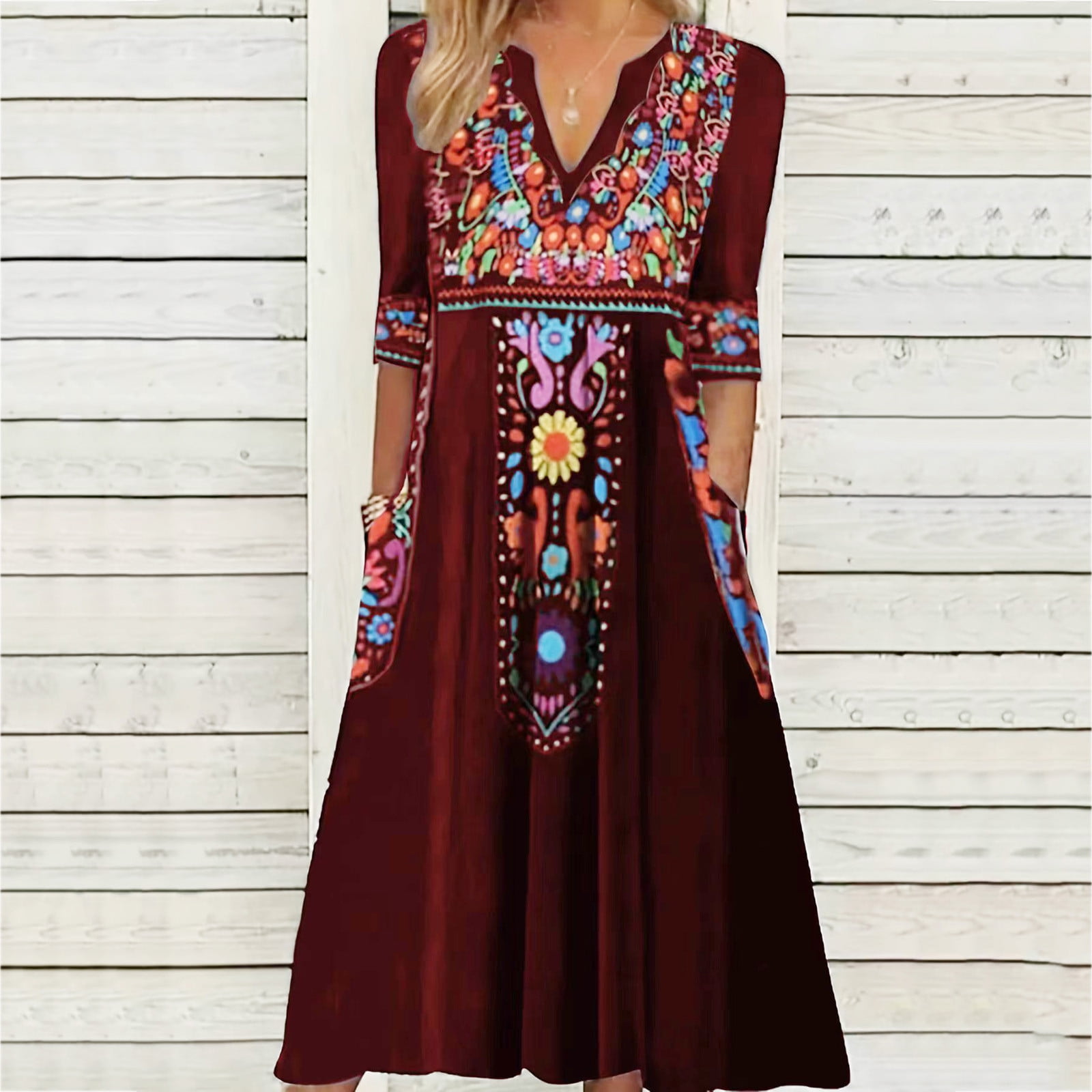 RYDCOT Fall Dresses for Women 2023 Trendy VNeck Bohemian Printed 3/4 Sleeve Dress with Pocket