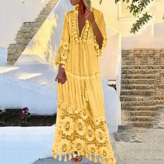 RYDCOT Fall Dresses for Women 2023 Casual Fashion Casual Bohemian Plus Size V-Neck Solid Color Lace Tassel Long Dress or Yellow