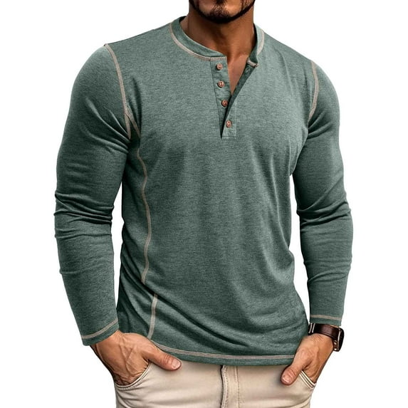 RYDCOT Fall Outfits for Men 2024 Men's Casual Solid Color Button Up Round Neck Long Sleeved Shirt on Clearance