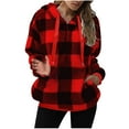 thumbnail image 1 of RYDCOT Fall Winter Fuzzy Fleece Hooded Sweatshirt with Pockets Quarter Zip Pullover Round Neck Hooded Plaid Long Sleeve Plush Tops Blouses Clearance, 1 of 4