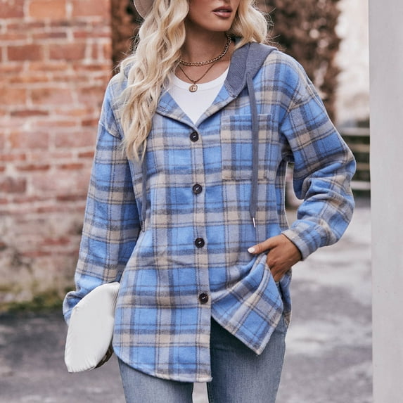RYDCOT Fall Winter Jackets for Women Casual Plaid Flannel Shacket Jacket Casual Long Sleeve Button Down Shirts Hooded Hoodie Coats Sale or Clearance