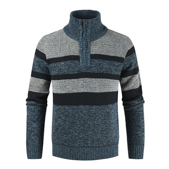 RYDCOT Fall and Winter Stand up Collar Men's Sweater,Casual Color Blocked Knitted Quarter Zip Pullover Men Light Blue