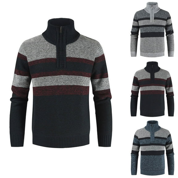 RYDCOT Fall and Winter Stand up Collar Men's Sweater,Casual Color Blocked Knitted Quarter Zip Pullover Men Navy