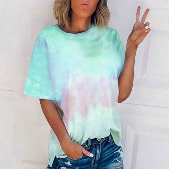 RYDCOT Fashion Tops Women's Summer Round-Neck Short Sleeve Print Casual Blouses Tops Green