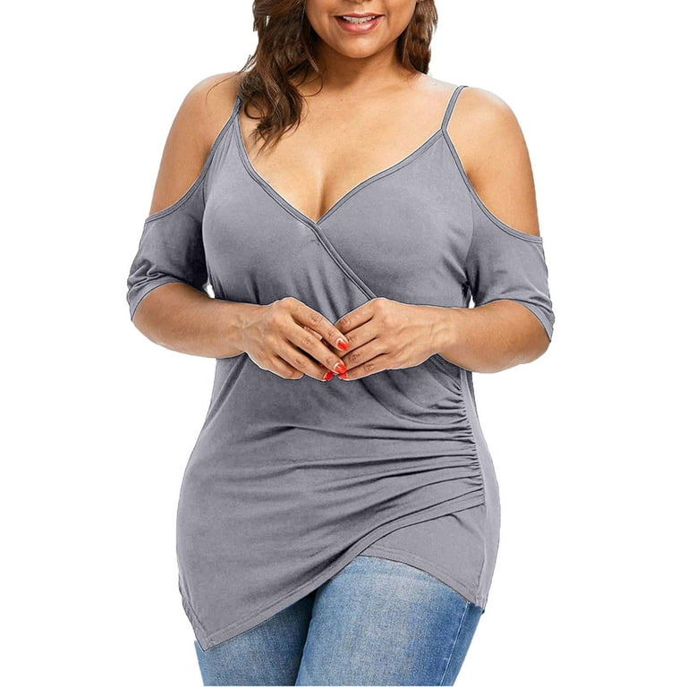 RYDCOT Fashion Womens Plus Size Cutout Asymmetric Cold Shoulder T-shirt  V-Neck Tops Gray XXXXXL
