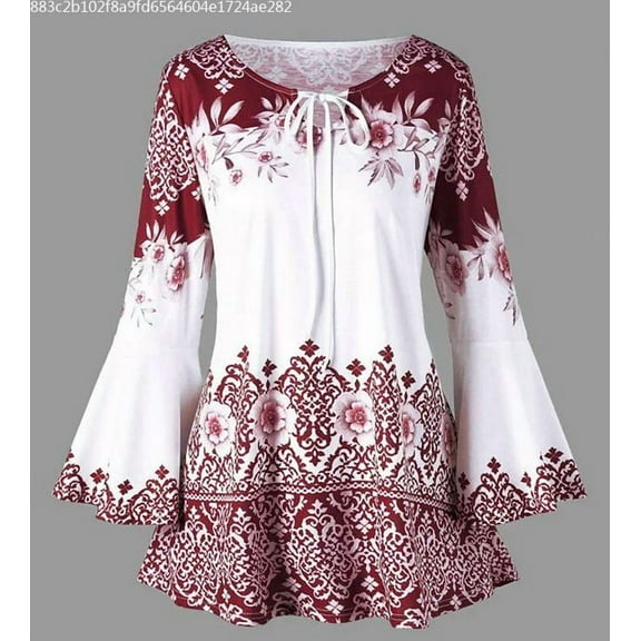 HWRETIE Fashion Womens Plus Size Printed Flare Sleeve Tops Blouses Keyhole T-Shirts Red M