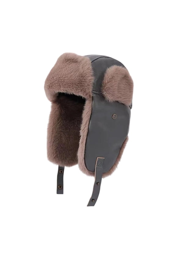 Faux Leather Aviator Shearling Ushanka Trapper Hat Russian Sheepskin Cap Winter Hat with Ear Flaps for Men Women