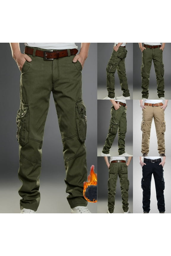 Fleece Lined Work Pants for Men Outdoor Windproof Waterproof Tactical Pants Winter Warm Ripstop 100% Cotton Cargo Pants with Muti Pockets Ski Pants Khaki