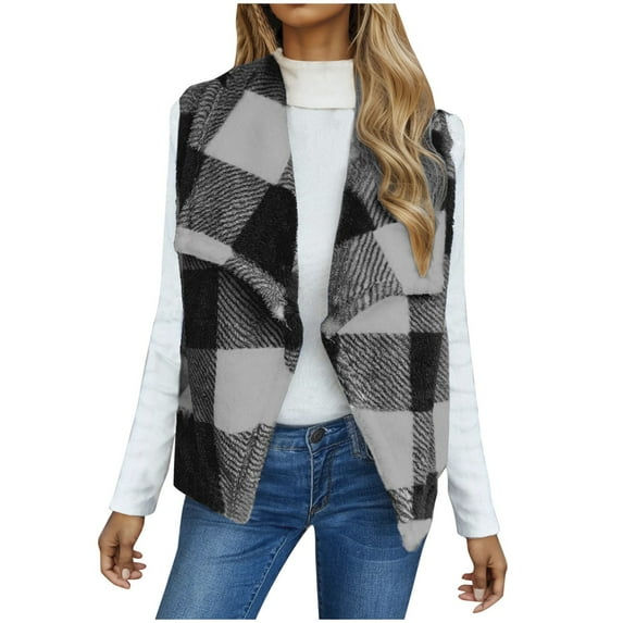 RYDCOT Fleece Vest for Women Buffalo Plaid Sherpa Jacket Lapel Winter Fashion Outfits Casual Sleeveless Cardigan Warm Fuzzy Open Front Coat