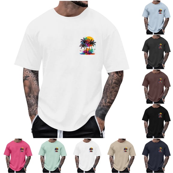 RYDCOT Funky Hawaiian Shirt for Men Palm Beach Cotton Shirts Tropical Vacation Clothes Round Neck Short Sleeved Top Watermelon Red