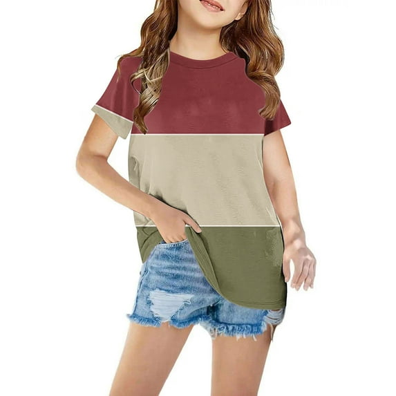 RYDCOT Girls Summer Short Sleeve T Shirts Color Block Crewneck T Shirt Tee Tops,3-12 Years Kids Toddler Girls Clothing Sale or Clearance