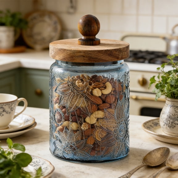 RYDCOT Glass Jars with Airtight Wood Lids, Vintage Storage Canisters Set for Kitchen Pantry Bathroom, Decorative Beautiful Containers for Coffee, Cookie, Sugar, Tea, Candy, Snack, Salt