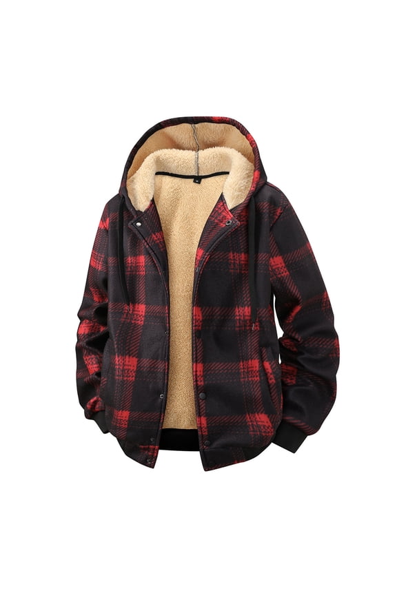 Hoodies for Men Sherpa Lined Heavyweight Flannel Jackets Full Zip Fleece Plaid Shirts Winter Warm Coats Red