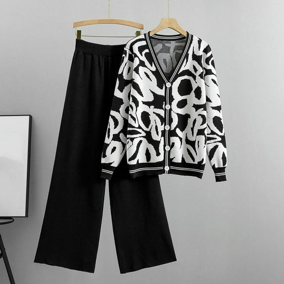 RYDCOT Knit Lounge Sets for Women 2 Piece Long Pants Women's Sweater Sets 2 Piece Outfits Button Down Cardigans Wide Leg Pants Winter Outfits Clearance