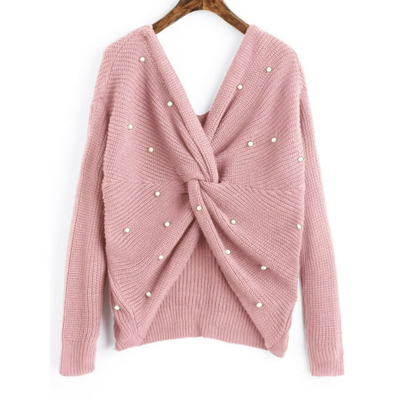 RYDCOT Knit Sweater for Women Women's and Winter Knitwear V-neck Pullover Pearl Mid Length Slouchy Sweater Sale