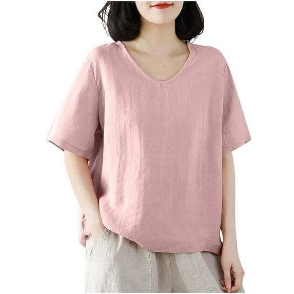 RYDCOT Ladies Summer Tops and Blouses 2025 Women's Casual Solid Color Vintage Cotton Linen T-Shirt Crew-Neck Top Short Sleeve Top Shirt Today&nbsp;Sales Pink