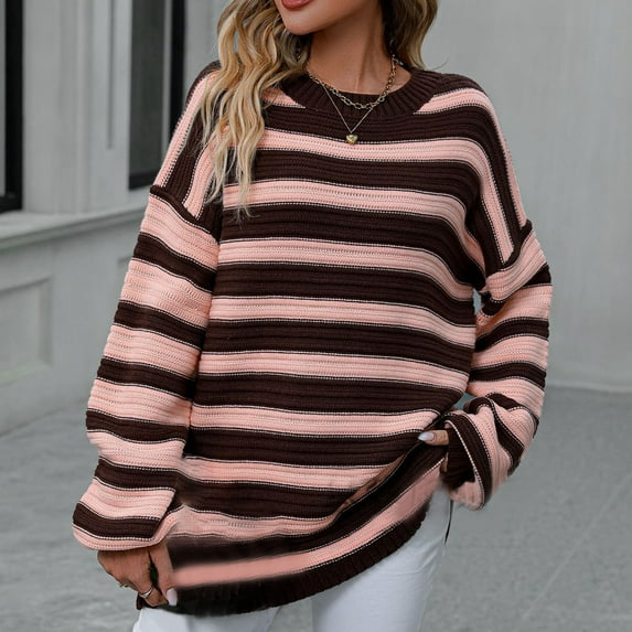 RYDCOT Ladies Sweaters Pullover Women's Striped Knitted Loose Pullover Sweater Long Sleeved Top Round Neck Sweater Sale