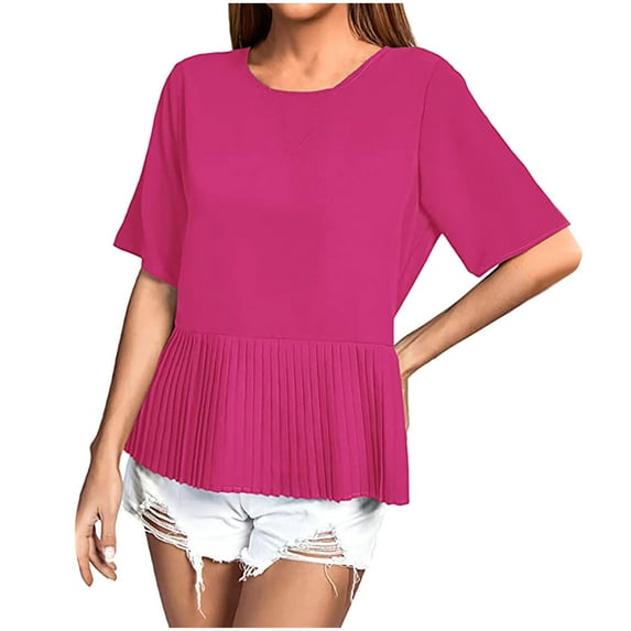 RYDCOT Ladies Tops and Blouses Spring Summer 2025 Short Sleeve Peplum Tops Loose Blouse Crew-Neck Pleated Hem Shirts Trendy Outfits Womens Clothes Clearance Hot Pink